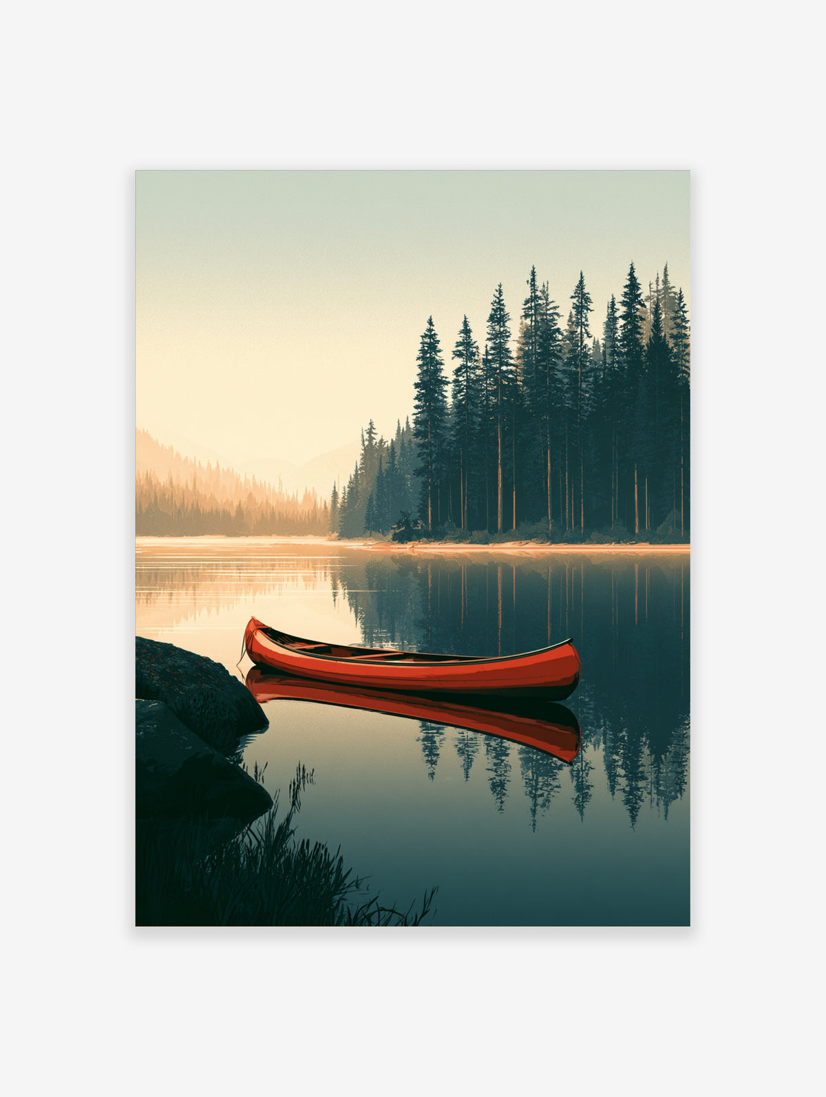 Red canoe on calm lake with pine forest reflections and warm sky landscape art print
