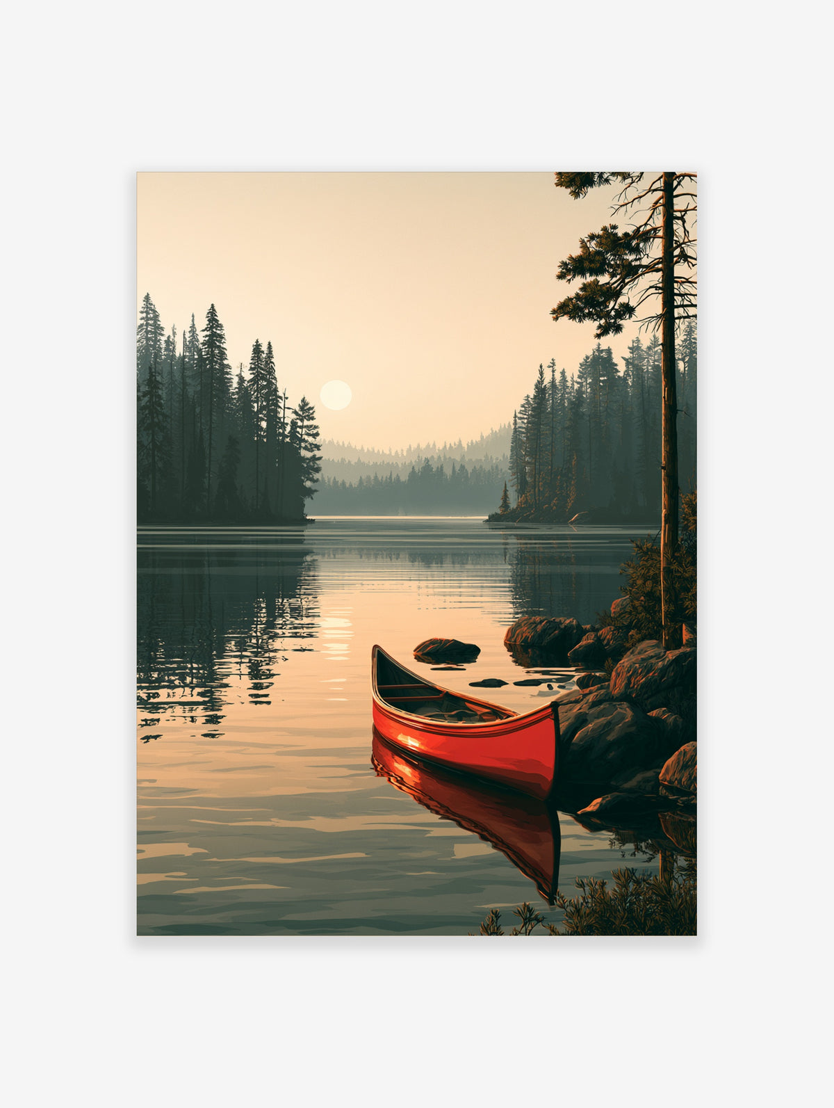 Red canoe on calm lake at sunrise with pine forest reflection landscape art print