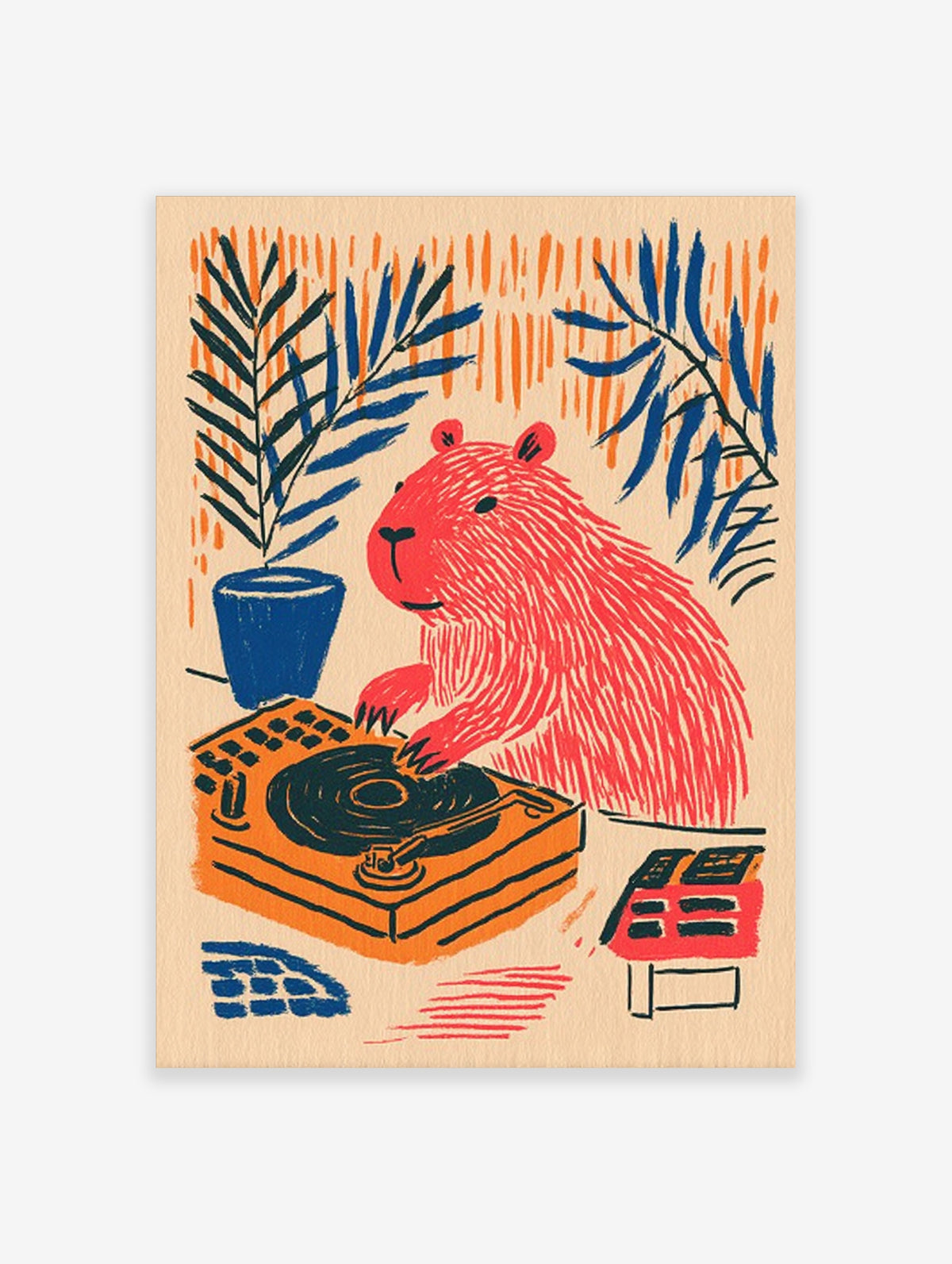 Red capybara DJ poster with turntable, blue plants, and orange strokes on beige background