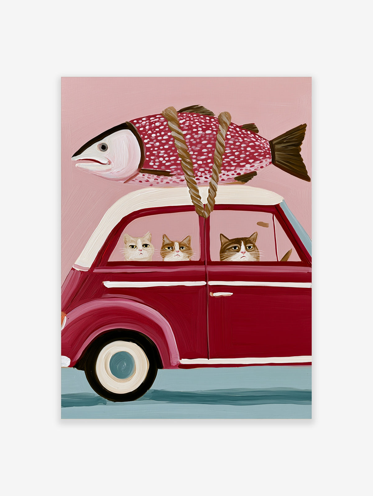 Surreal cat art print of three cats in a red car with a large spotted fish tied to the roof on a pink background