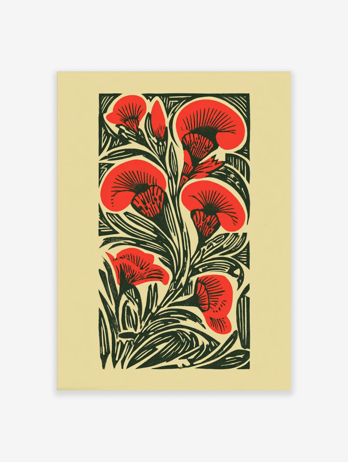 Red carnation flowers and dark green leaves in a graphic woodcut style botanical art print