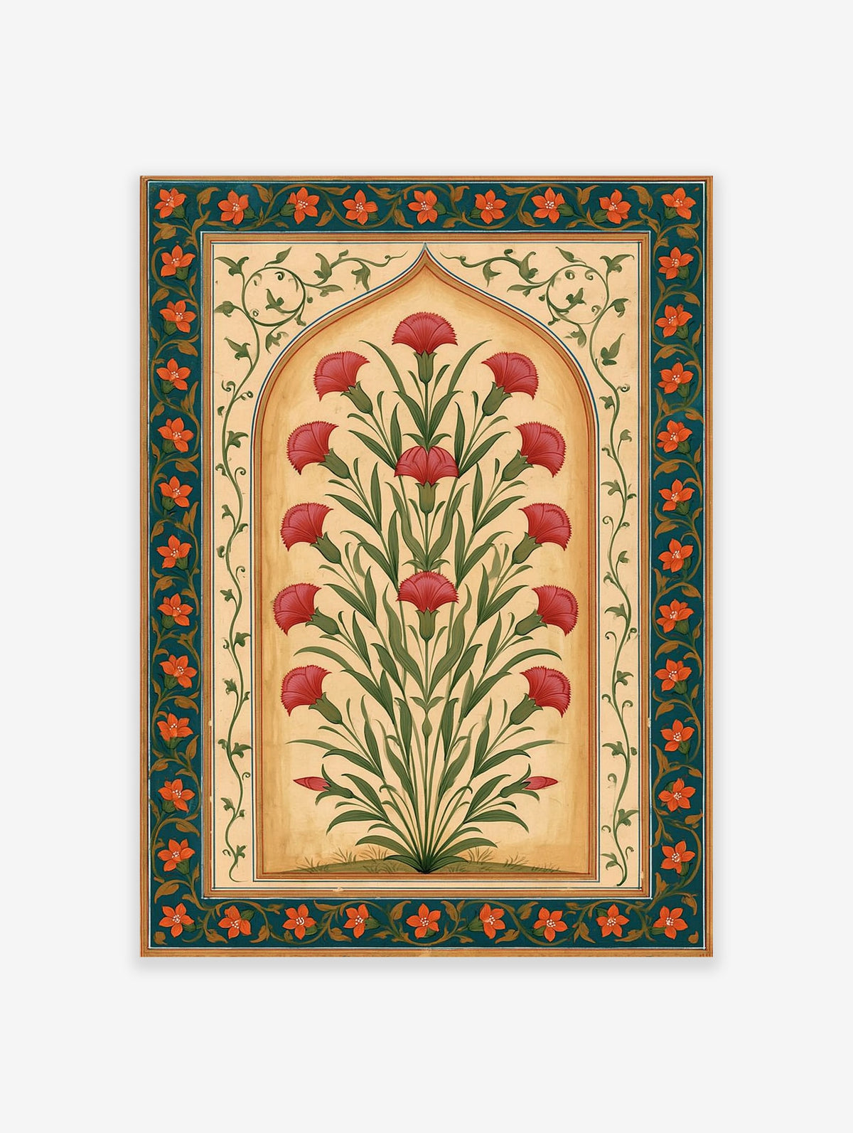 Red carnation botanical print with green leaves inside a Mughal arch and teal floral border