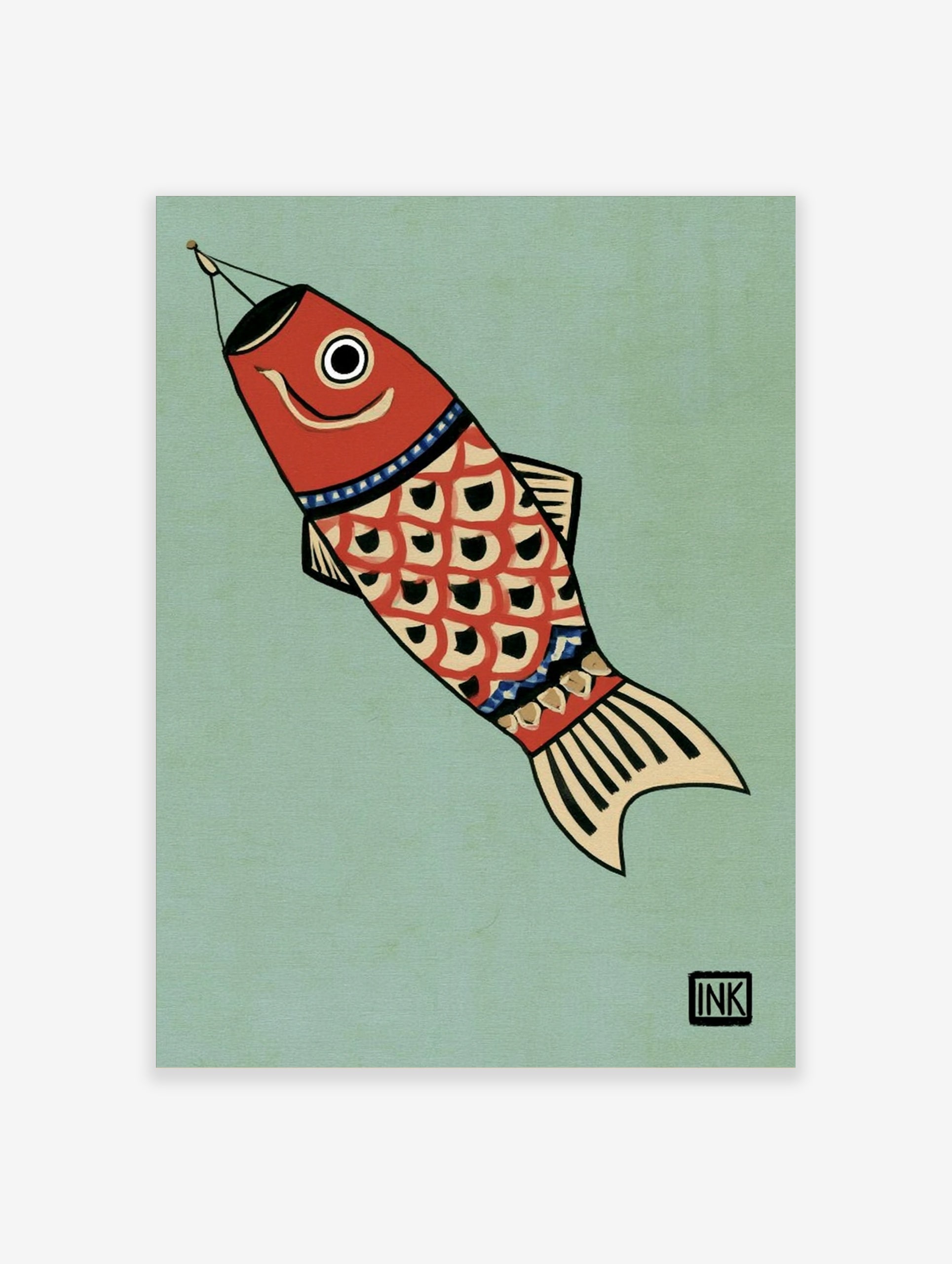 Red Japanese carp koi fish illustration on a muted green background with black and cream scale details