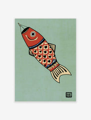 Red Japanese carp koi fish illustration on a muted green background with black and cream scale details
