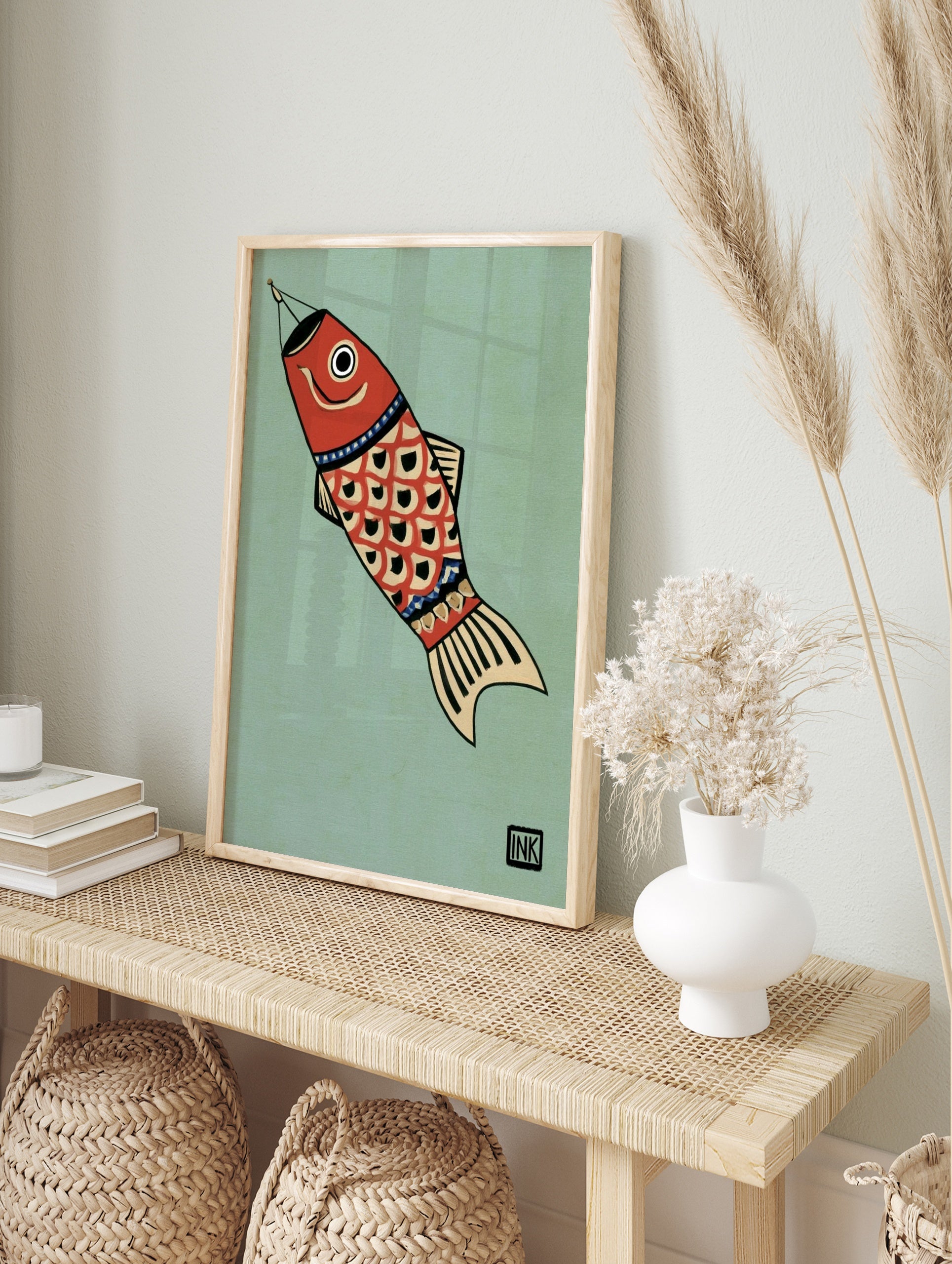 Red Japanese carp koi fish illustration on a muted green background with black and cream, in an alternate framed mockup