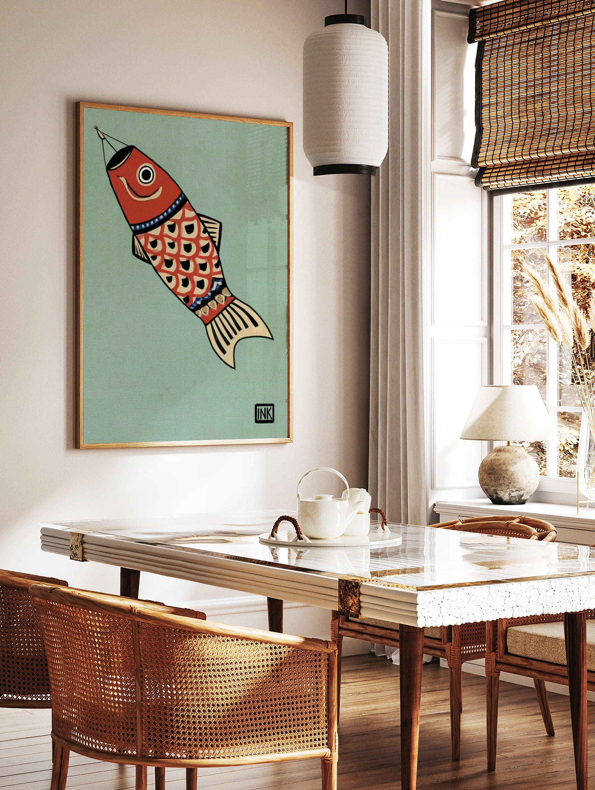 Red Japanese carp koi fish illustration on a muted green background with black and cream scale, in a styled room mockup