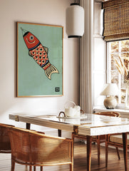 Red Japanese carp koi fish illustration on a muted green background with black and cream scale, in a styled room mockup