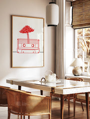Minimalist red line art illustration of a cassette tape with a mushroom canopy on a white background, in a styled room mockup