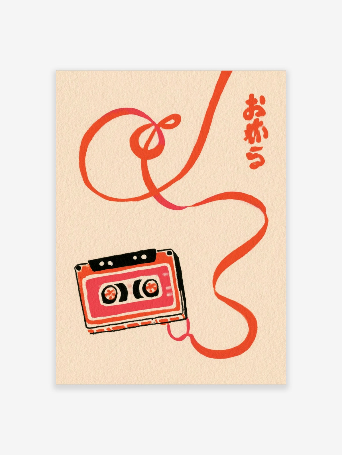 Red cassette tape with looping ribbon and Japanese text on beige background retro music poster