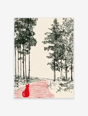 Illustrative print of a red cat on a striped path in a dark green forest on a cream background