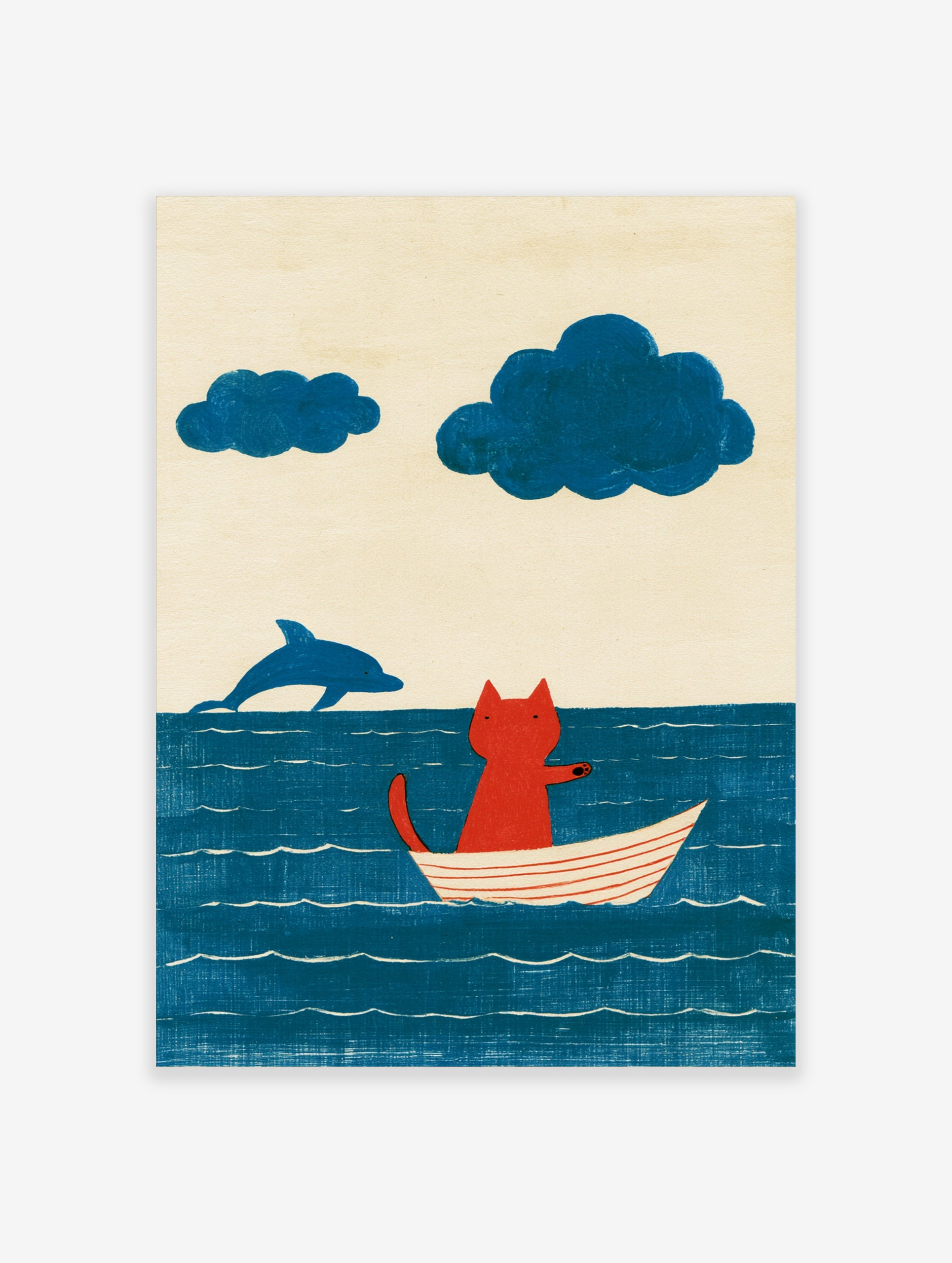 Illustration of a red cat sitting in a white boat on a blue sea with a jumping dolphin and two blue clouds overhead