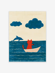 Illustration of a red cat sitting in a white boat on a blue sea with a jumping dolphin and two blue clouds overhead