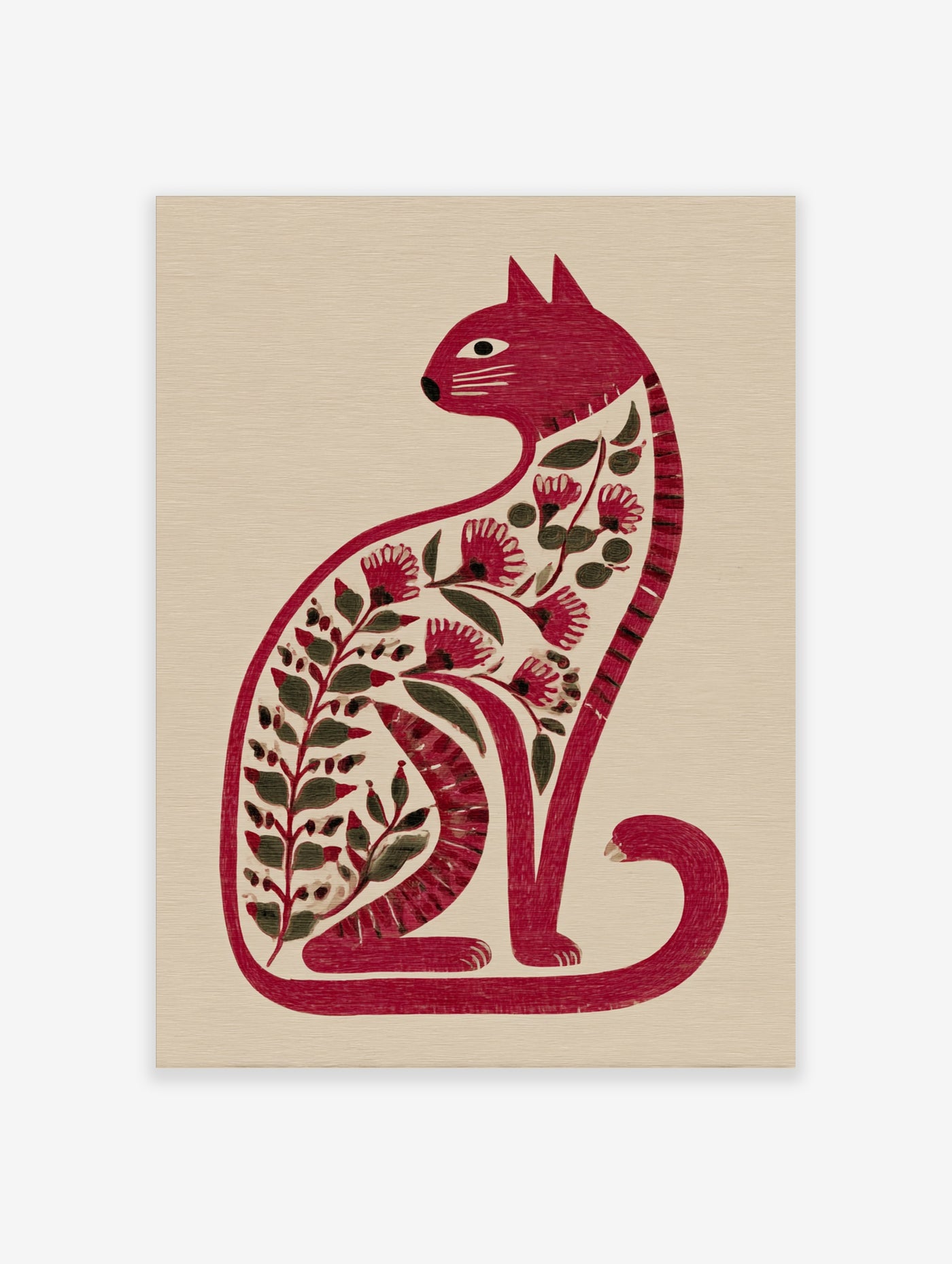 Red cat with botanical flowers and leaves folk art print on cream background