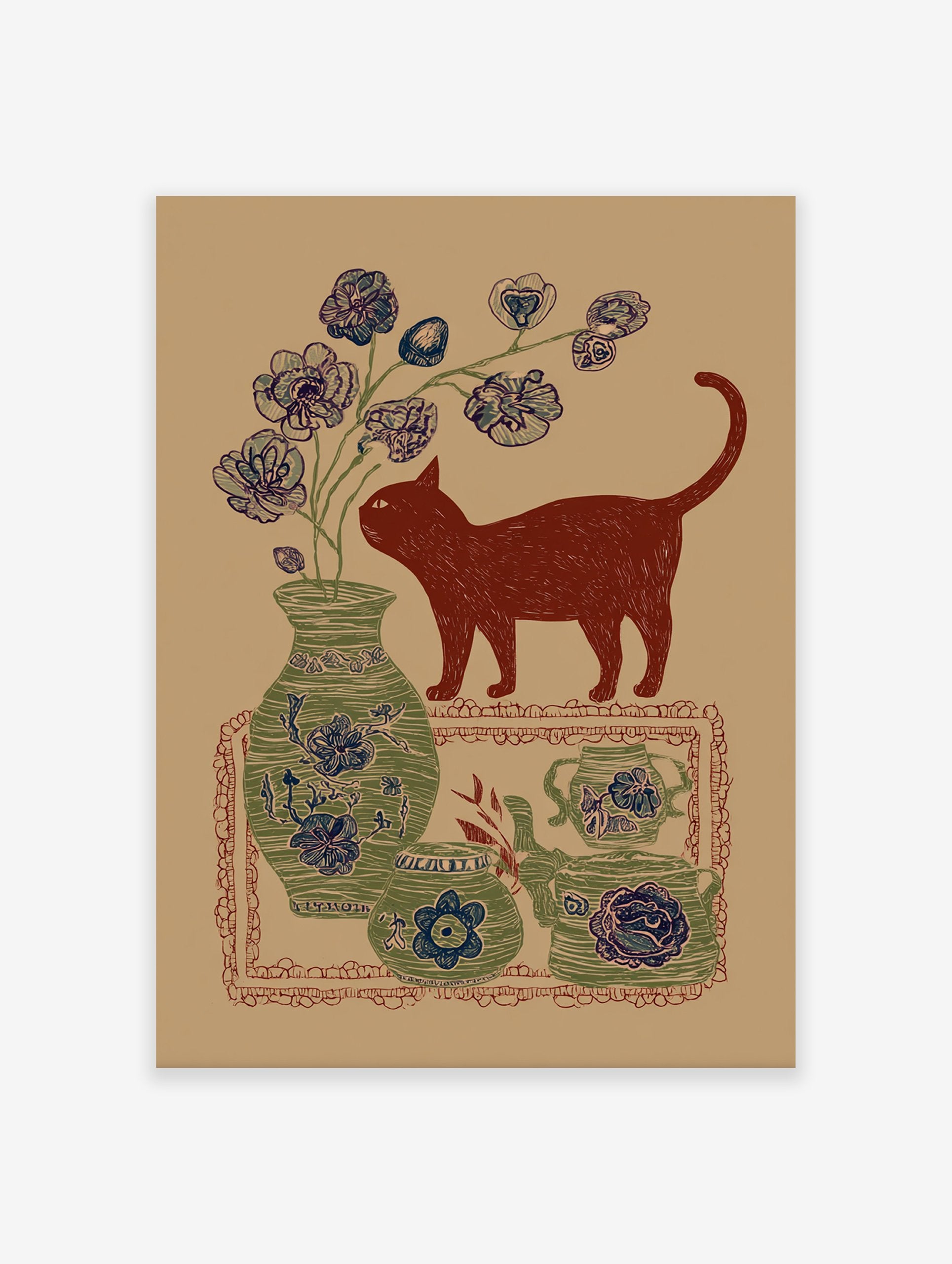 Red cat illustration with botanical blue flowers in a green vase and decorative pottery on a brown background, folk art style.