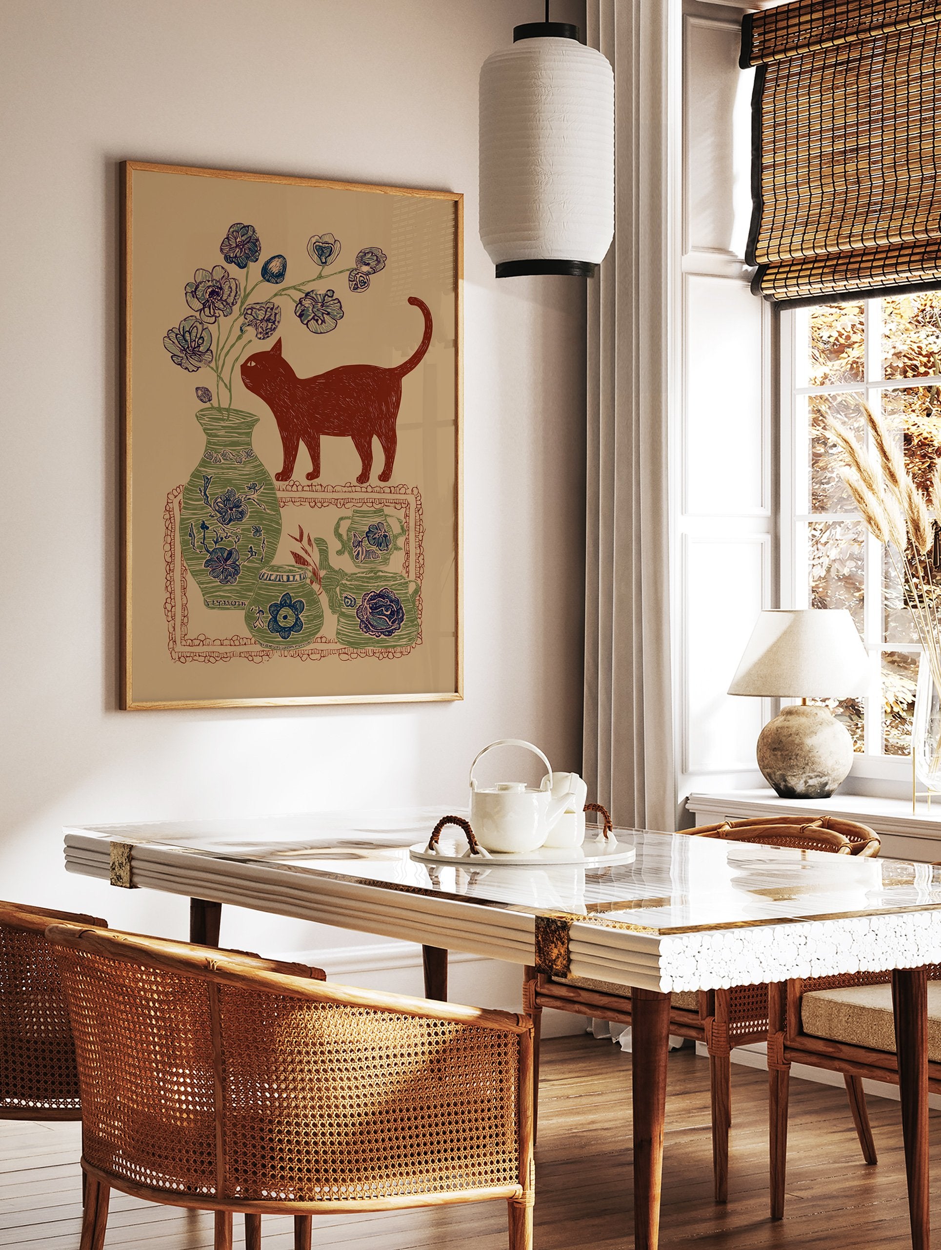 Red cat illustration with botanical blue flowers in a green vase and decorative pottery on a brown background, folk art style. - Image 2