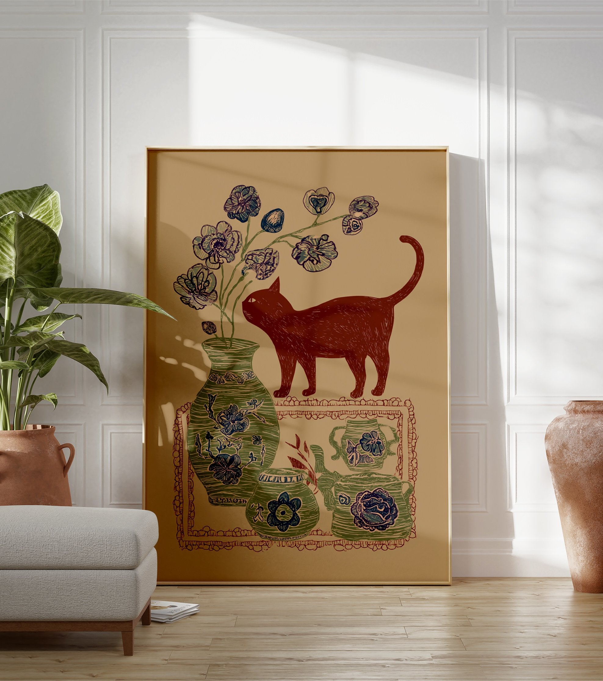 Red cat illustration with botanical blue flowers in a green vase and decorative pottery on a brown background, folk art style. - Image 3