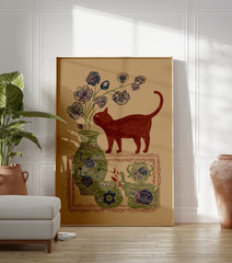 Red cat illustration with botanical blue flowers in a green vase and decorative pottery on a brown background, folk art style. - Image 3