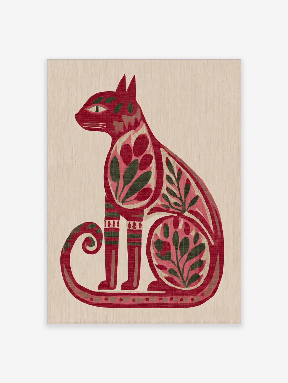 Red cat illustration with pink and green botanical leaf patterns, folk art style, on cream background