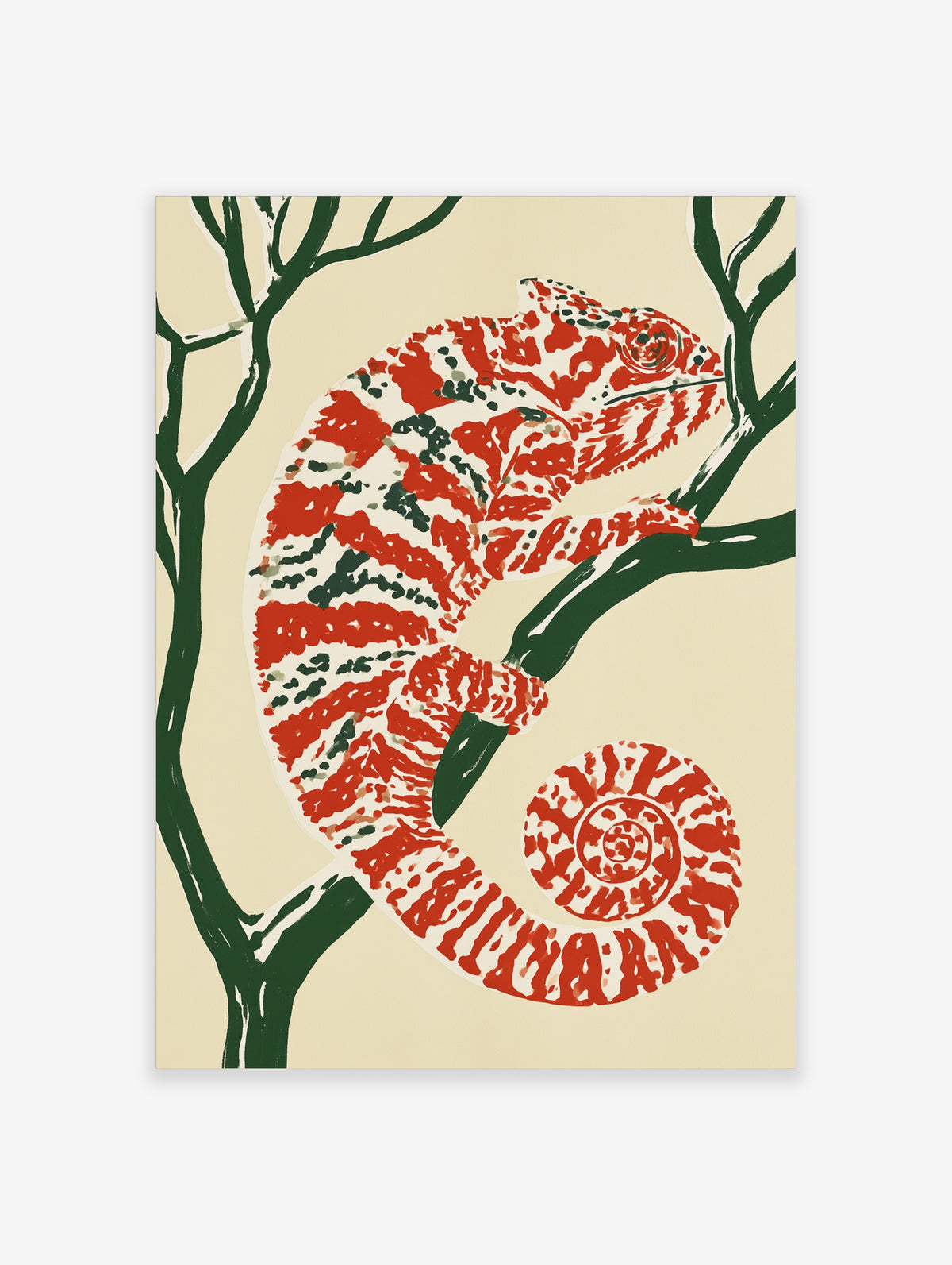Red and white chameleon on a dark green branch, animal poster print with beige background