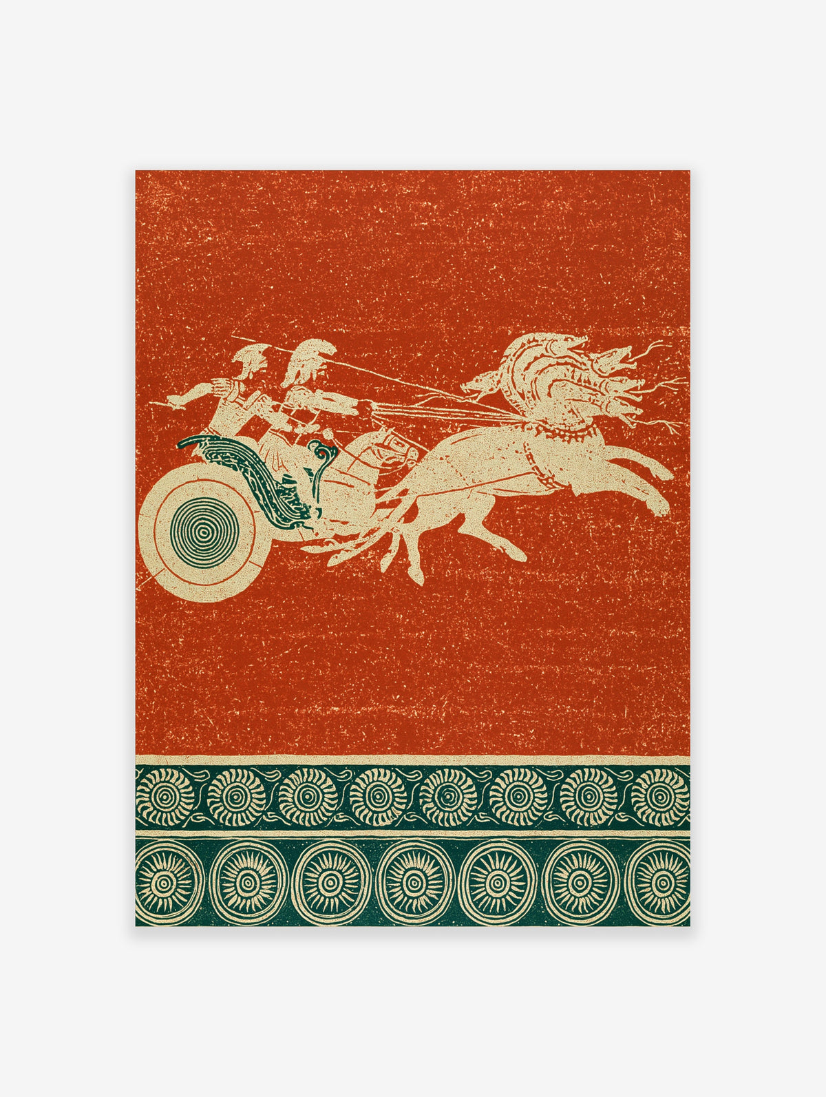 Ancient Greek chariot with horse and rider in red figure style on terracotta background with meander border