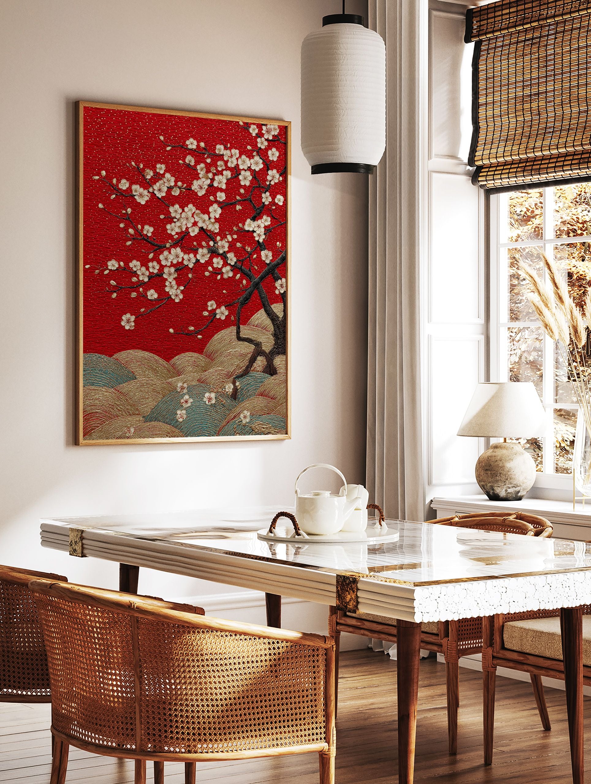 Red cherry blossom poster with white flowers and gold textured hills, in a Japanese art style. - Image 2