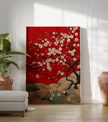 Red cherry blossom poster with white flowers and gold textured hills, in a Japanese art style. - Image 3