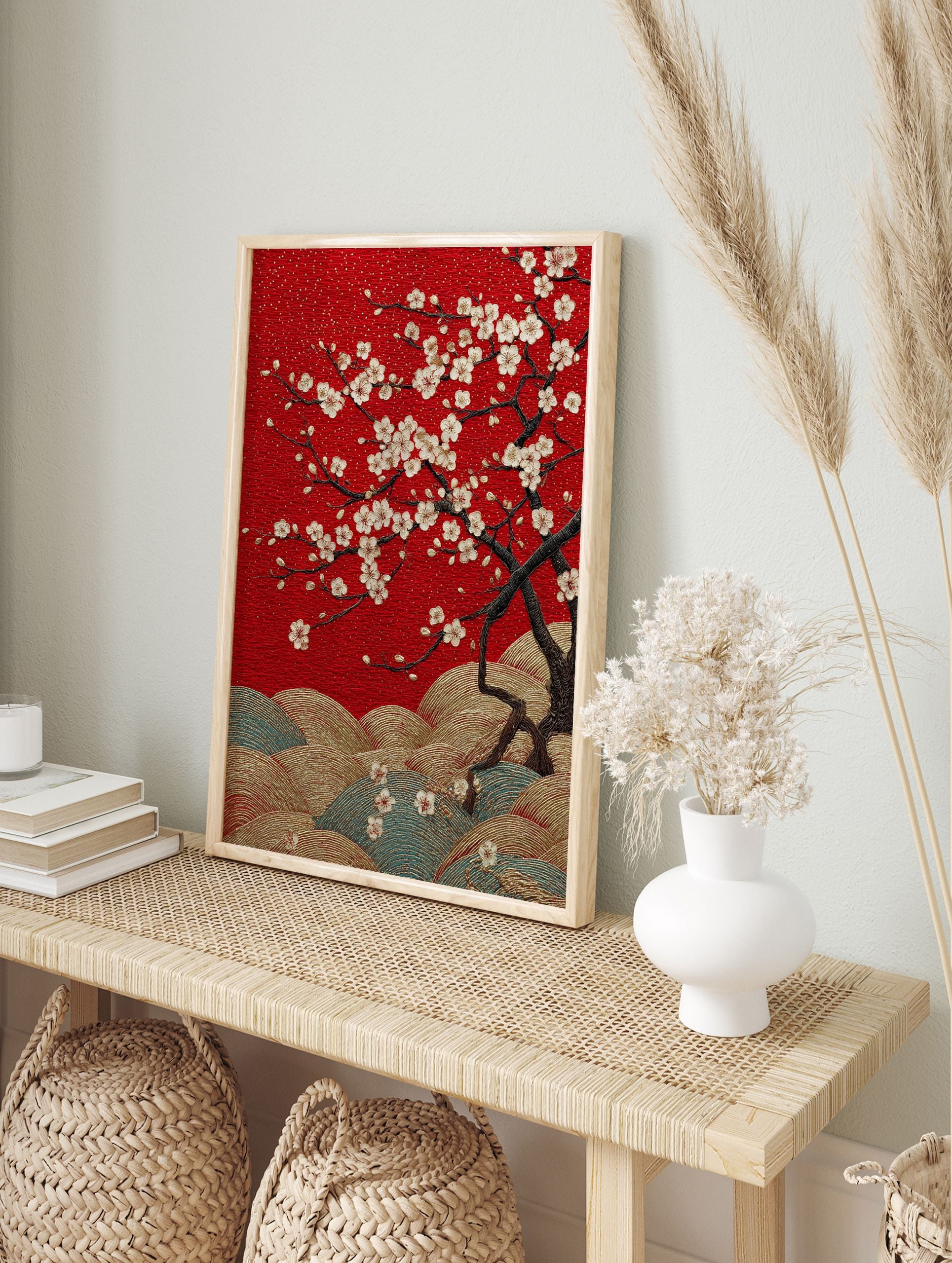 Red cherry blossom poster with white flowers and gold textured hills, in a Japanese art style. - Image 4