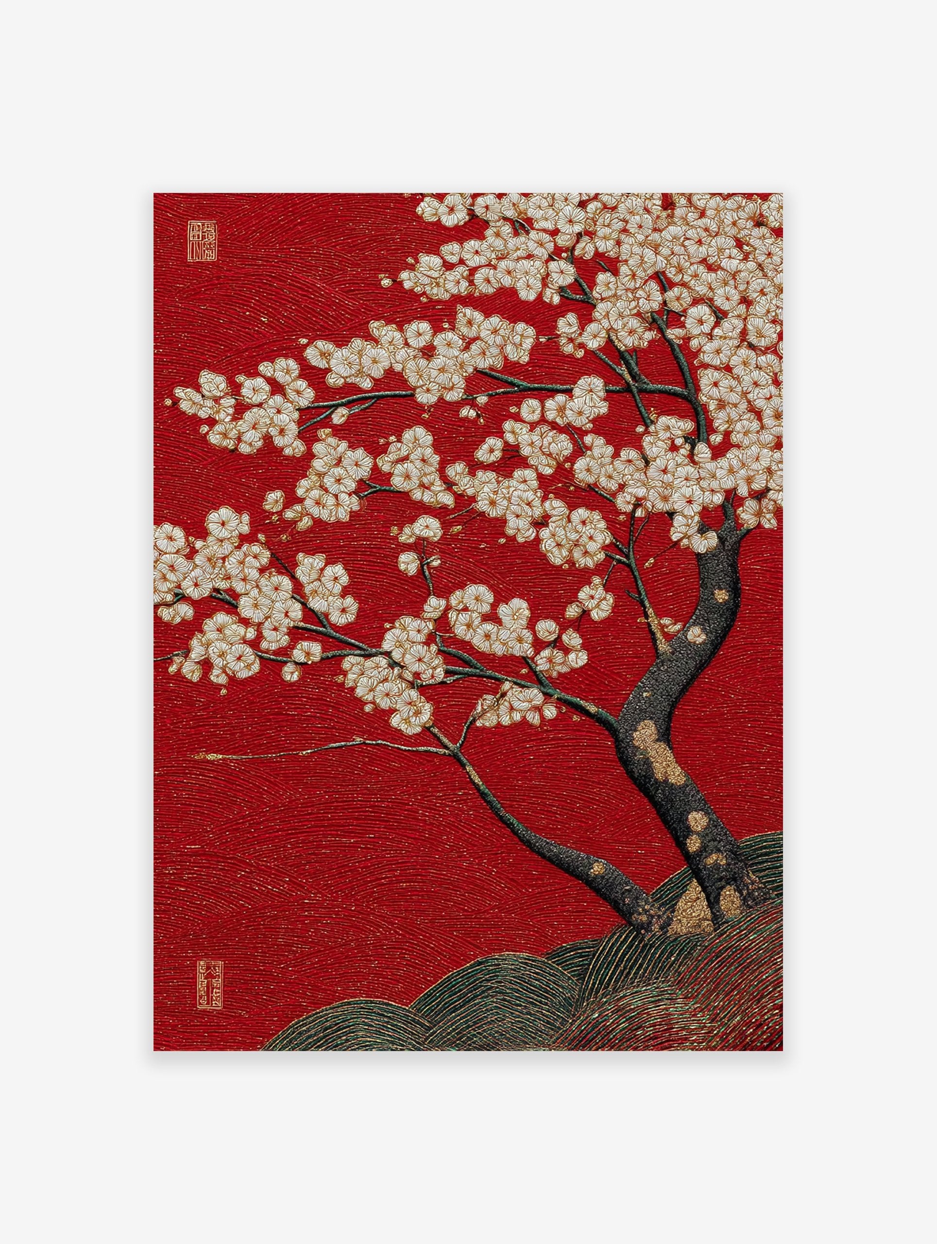 Red cherry blossom poster with white and gold flowers on a textured red background, featuring a dark tree trunk and green hills.