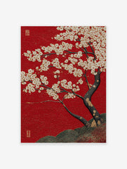 Red cherry blossom poster with white and gold flowers on a textured red background, featuring a dark tree trunk and green hills.