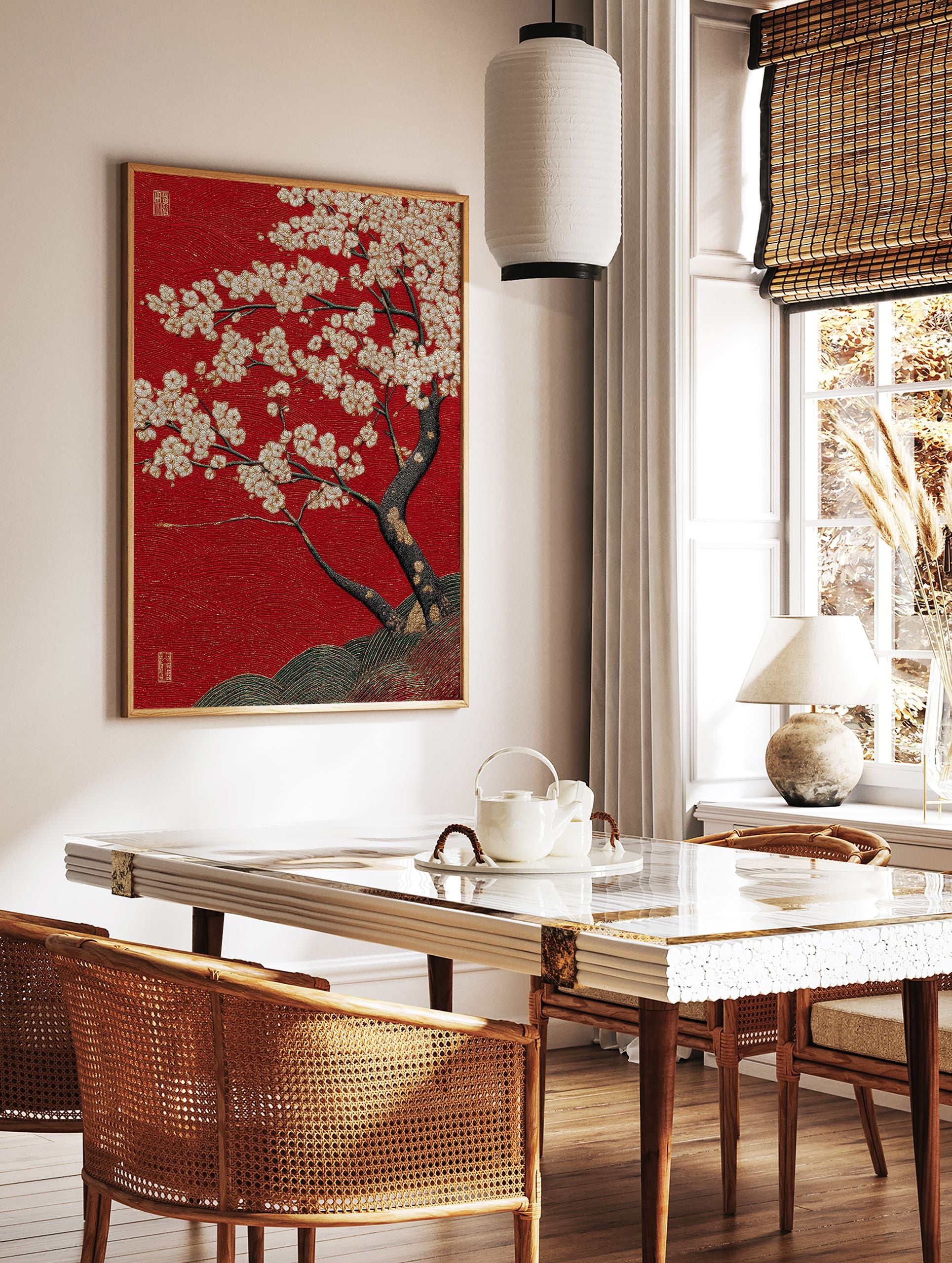 Red cherry blossom poster with white and gold flowers on a textured red background, featuring a dark tree trunk and green hills. - Image 2