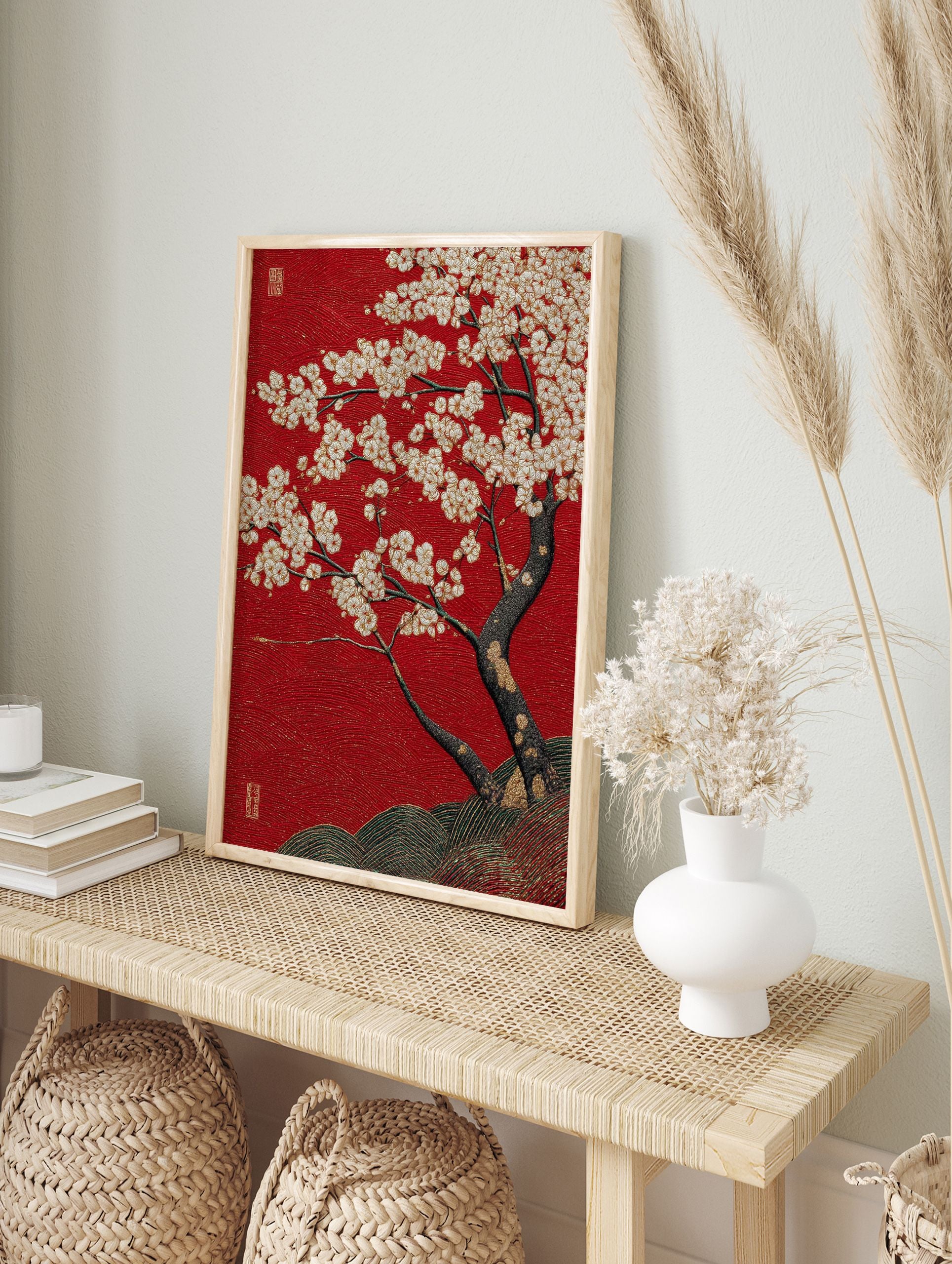 Red cherry blossom poster with white and gold flowers on a textured red background, featuring a dark tree trunk and green hills. - Image 4