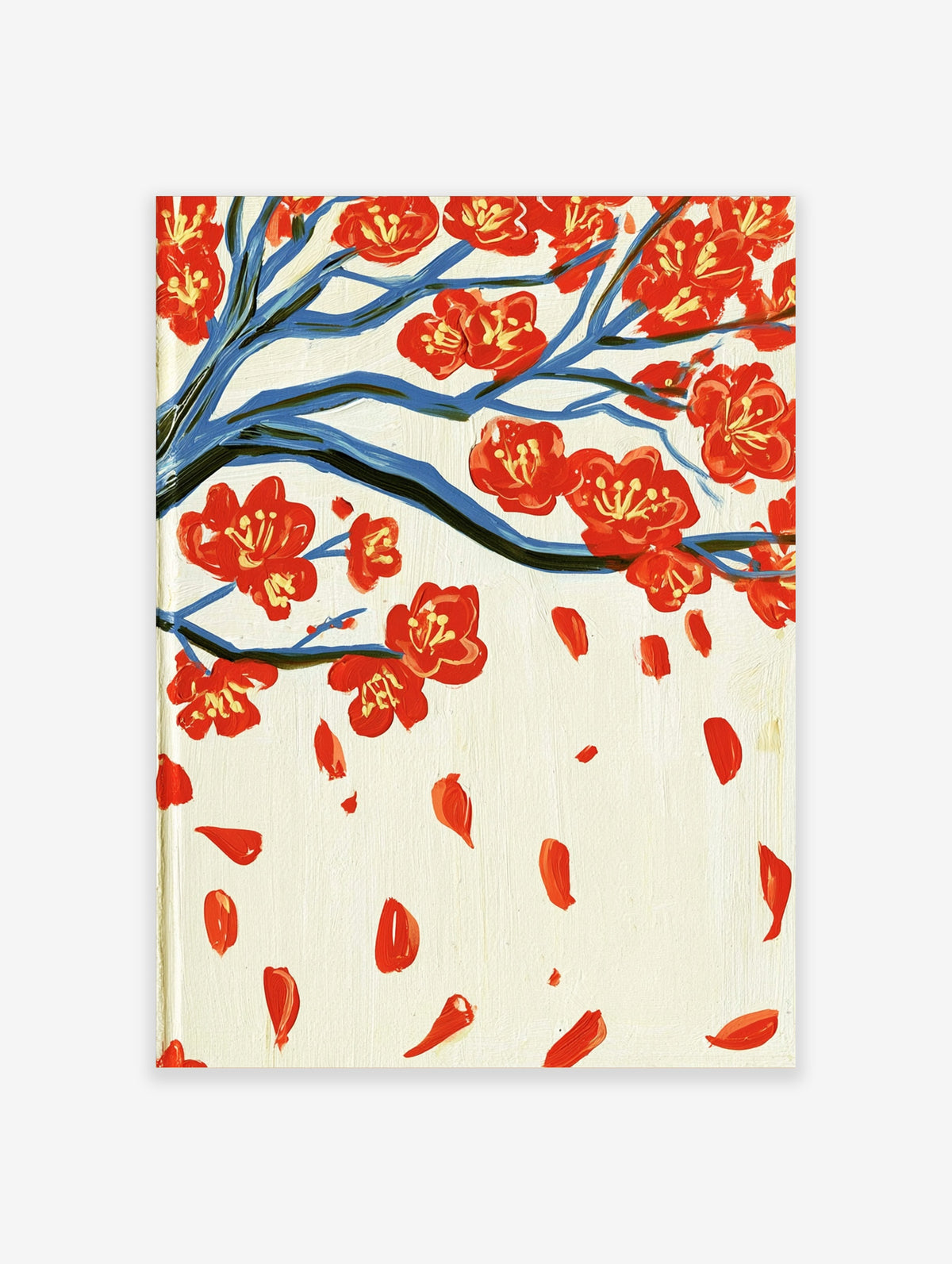 Red cherry blossom branches with blue stems and scattered petals on cream background art print