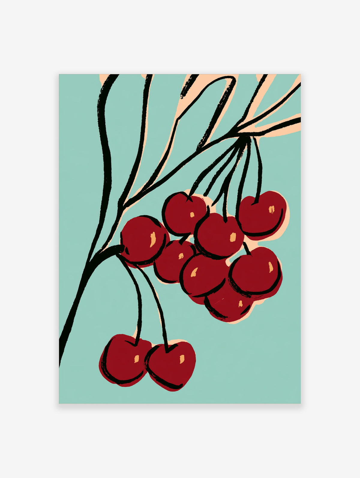 Red cherry wall art print with dark red cherries, black stems, and teal background