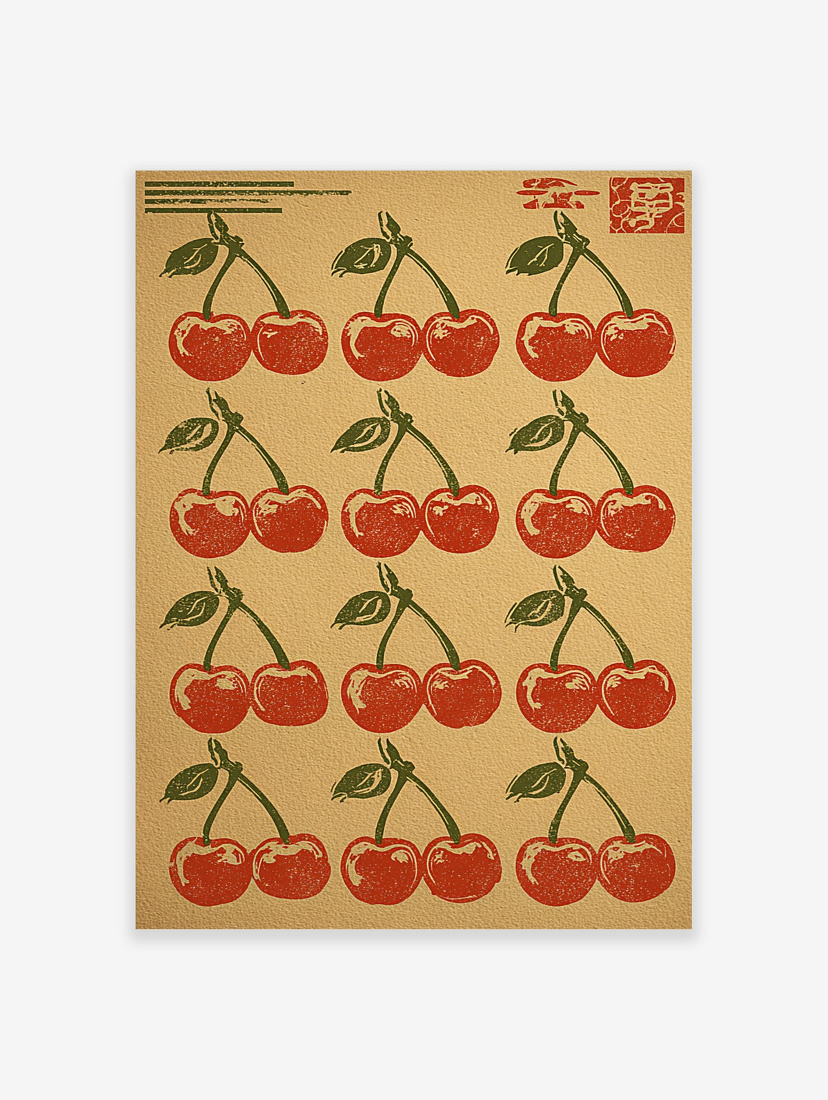 Retro red cherry wall art print with nine pairs of cherries and green leaves on a beige background