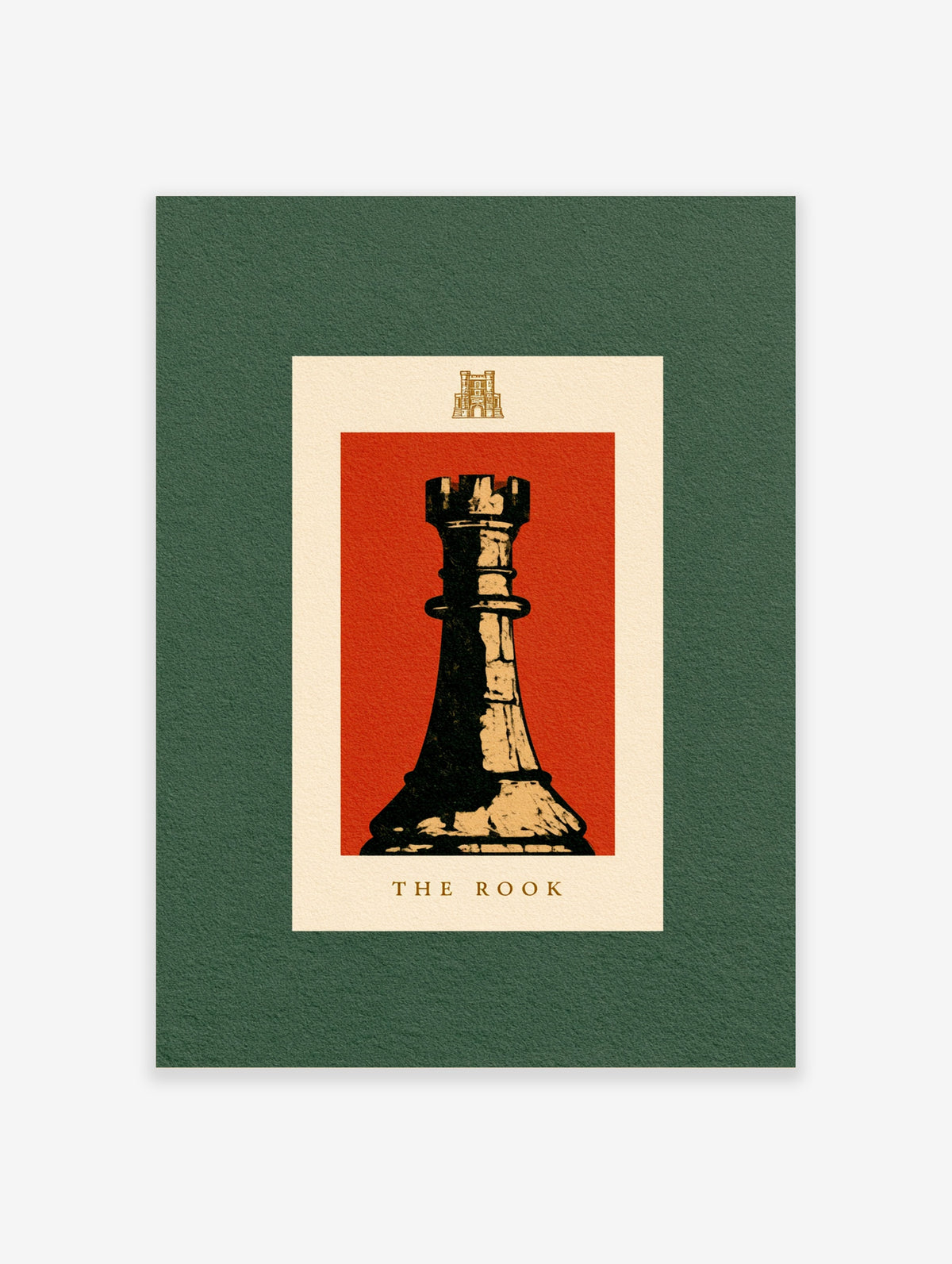 Red and black chess rook poster with gold castle icon and THE ROOK text on cream border