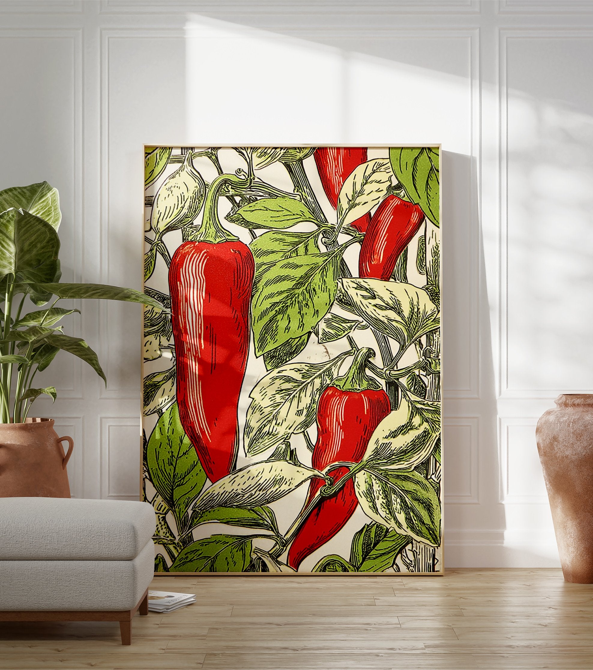 Red chili pepper botanical illustration poster with green leaves on a white background, perfect for kitchen decor. - Image 2
