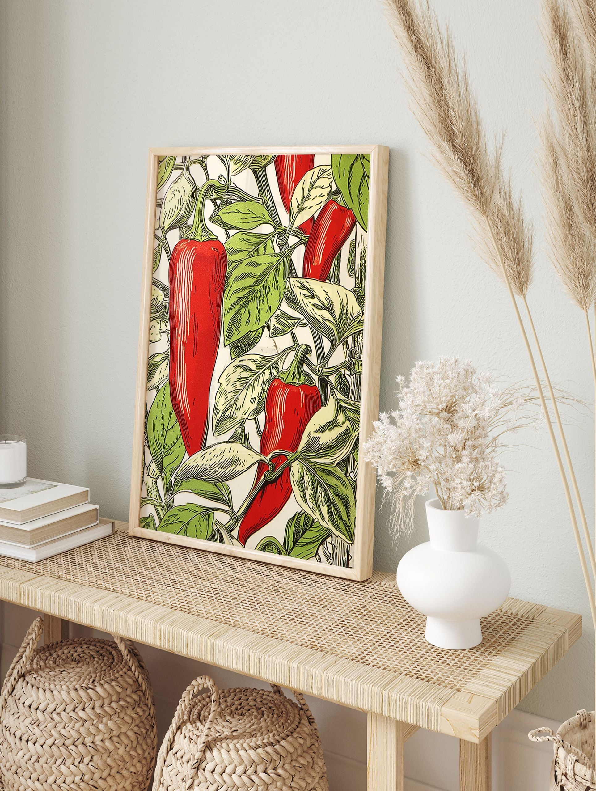 Red chili pepper botanical illustration poster with green leaves on a white background, perfect for kitchen decor. - Image 3