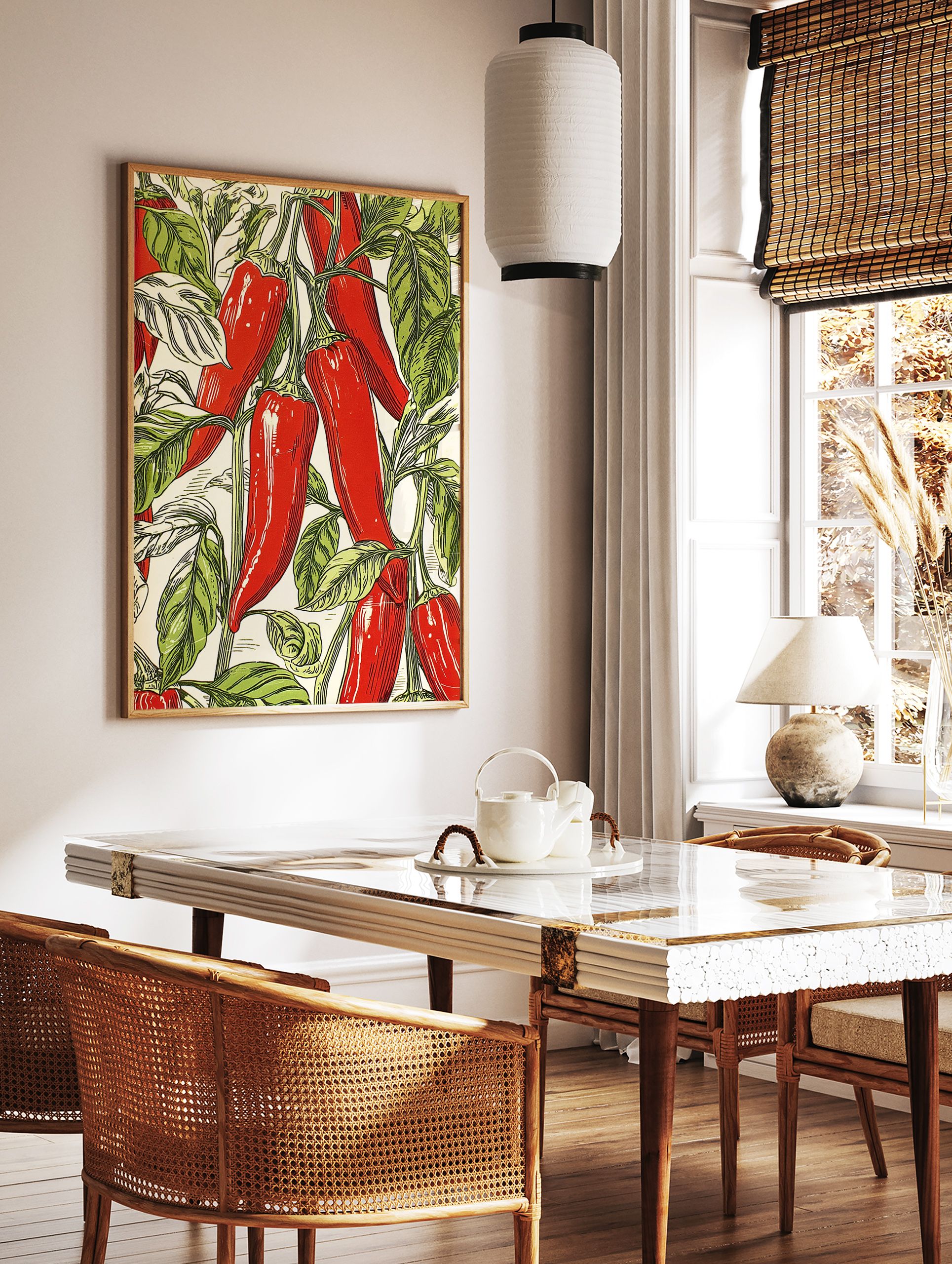Red chili pepper botanical illustration poster with green leaves on a light background, arranged in a vibrant pattern. - Image 2