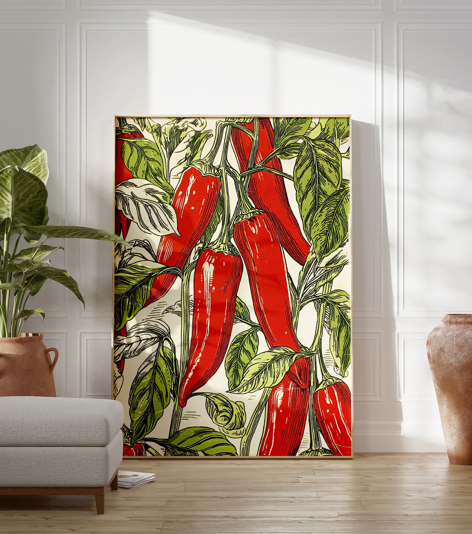 Red chili pepper botanical illustration poster with green leaves on a light background, arranged in a vibrant pattern. - Image 3