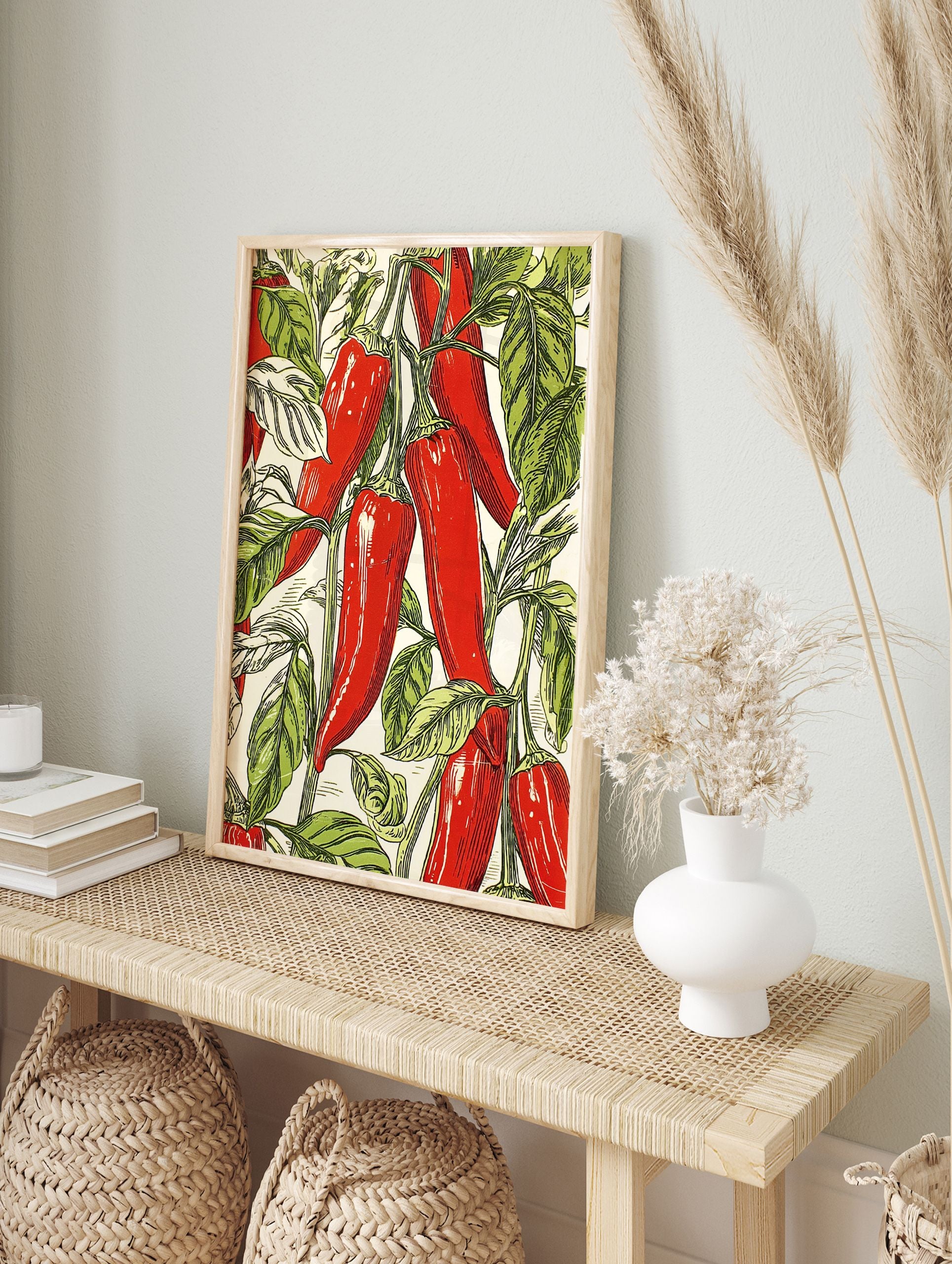 Red chili pepper botanical illustration poster with green leaves on a light background, arranged in a vibrant pattern. - Image 4