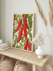 Red chili pepper botanical illustration poster with green leaves on a light background, arranged in a vibrant pattern. - Image 4