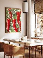 Red Chili Pepper Poster, vintage botanical illustration of vibrant red peppers and green leaves on a white background. - Image 2