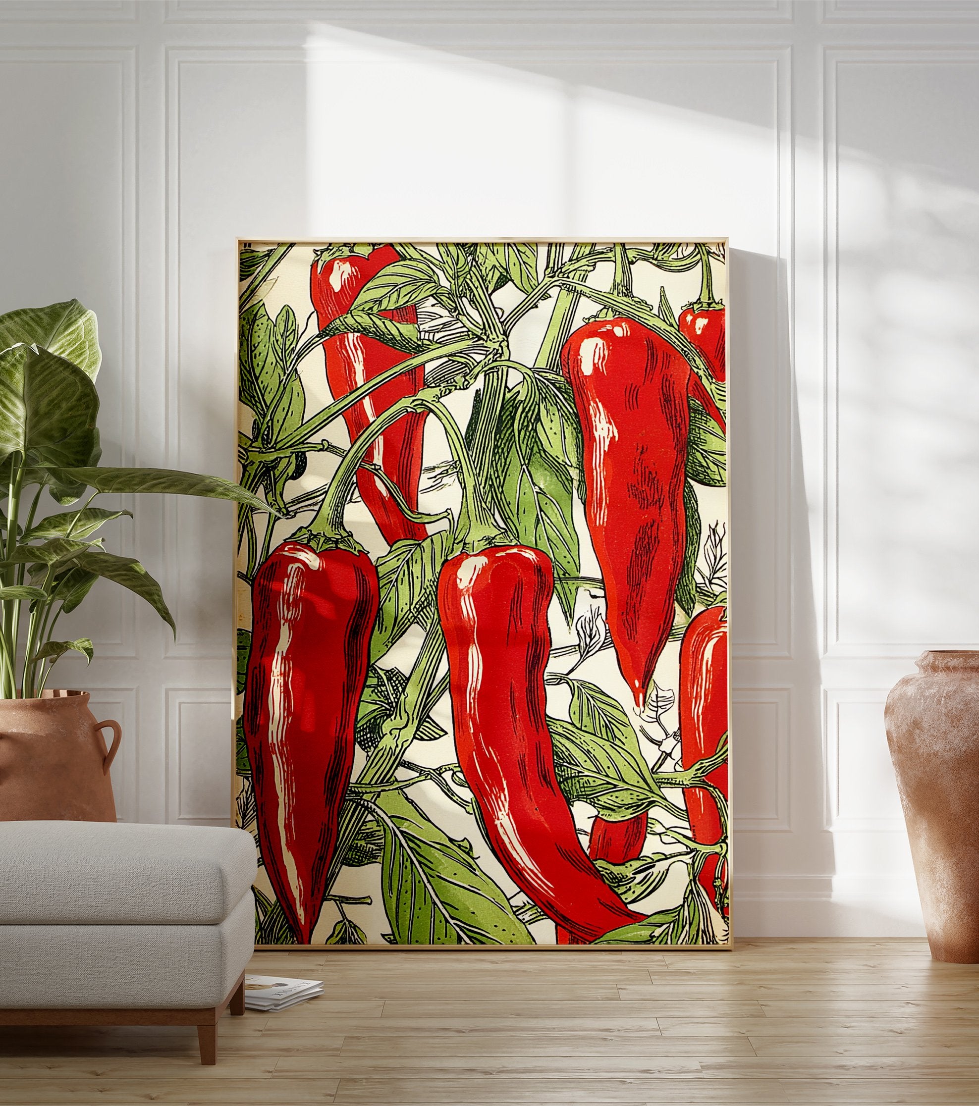 Red Chili Pepper Poster, vintage botanical illustration of vibrant red peppers and green leaves on a white background. - Image 3
