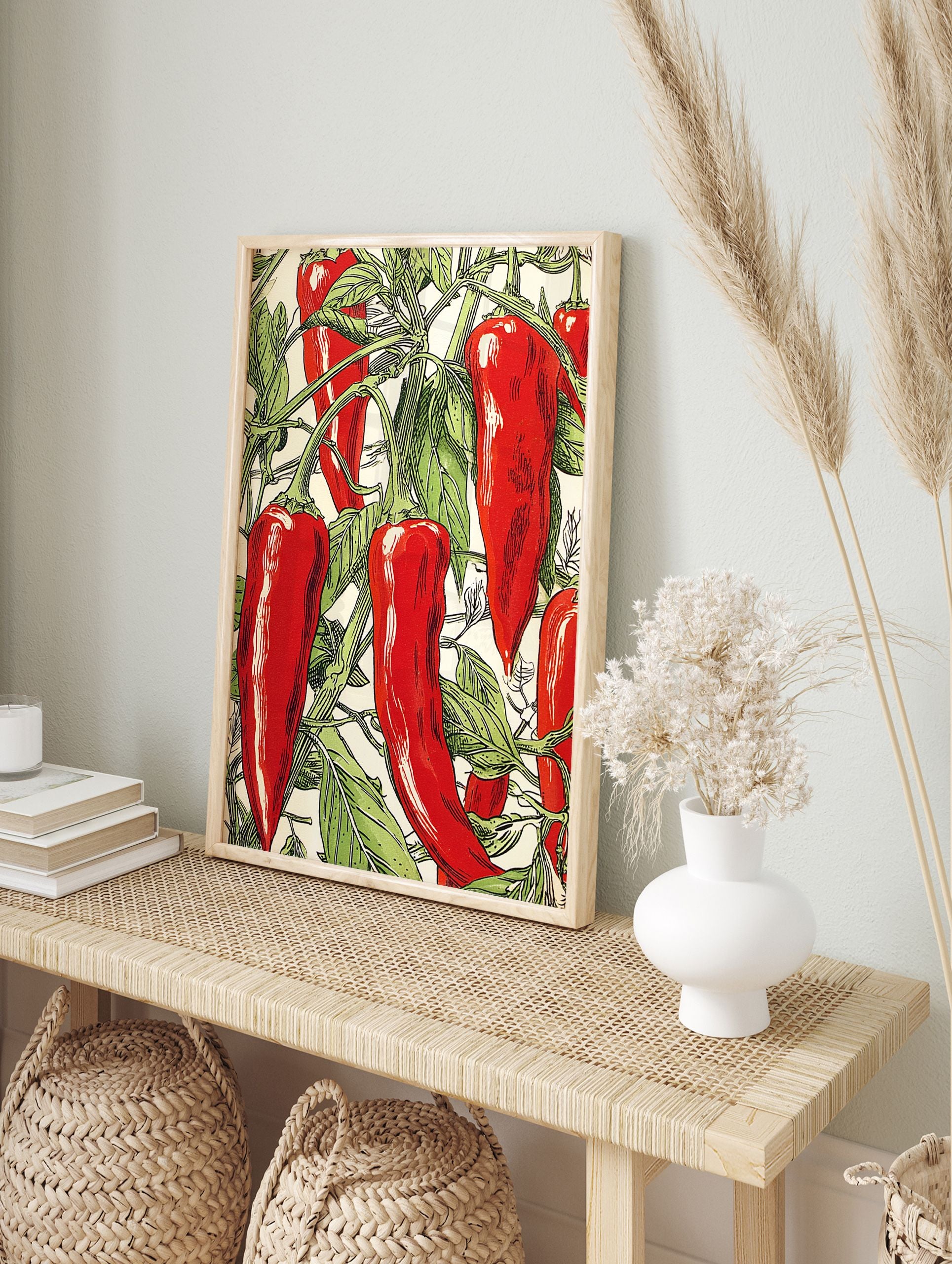 Red Chili Pepper Poster, vintage botanical illustration of vibrant red peppers and green leaves on a white background. - Image 4