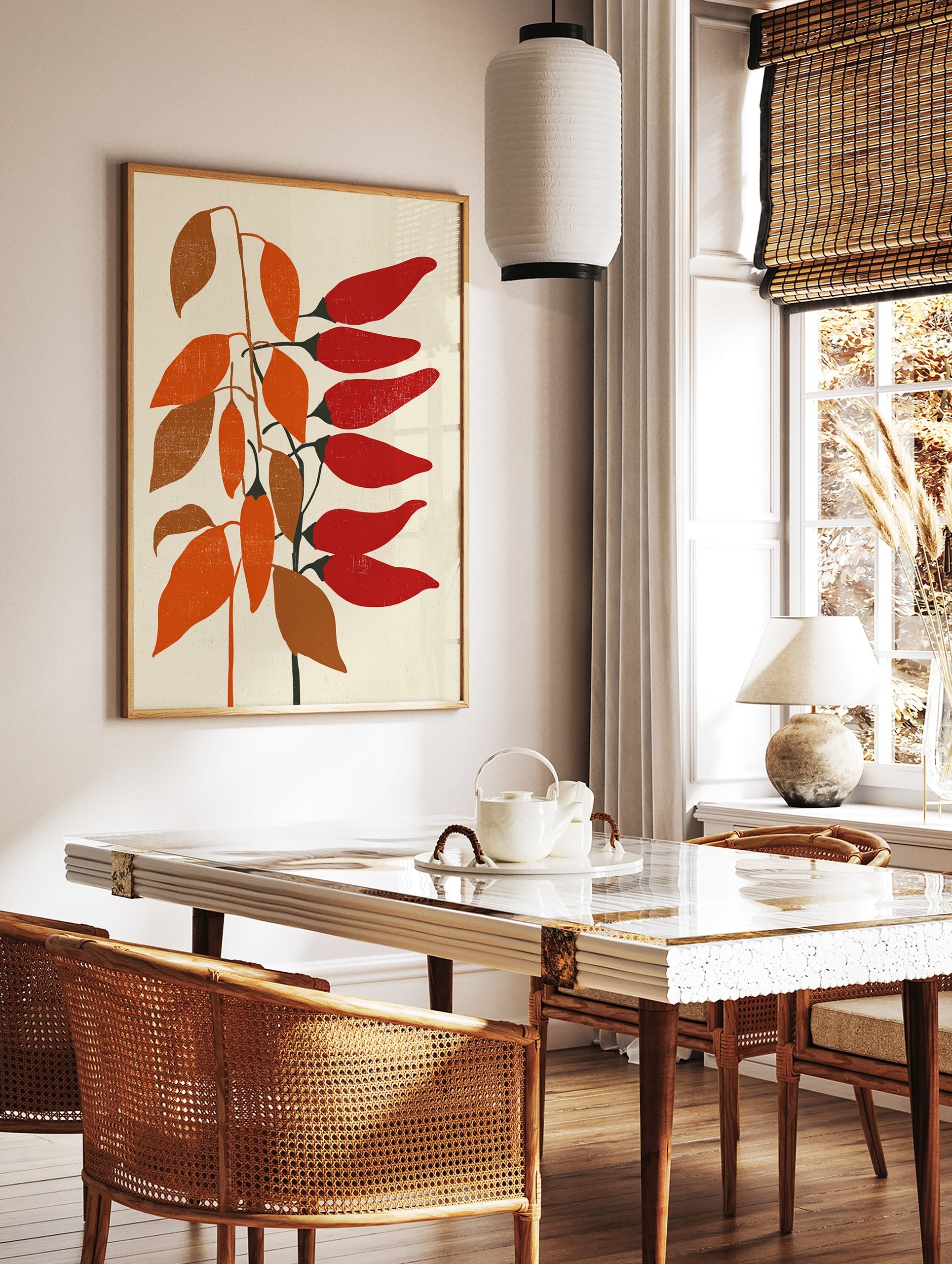 Red chili pepper plant botanical illustration poster with orange and brown leaves on a cream background. - Image 2