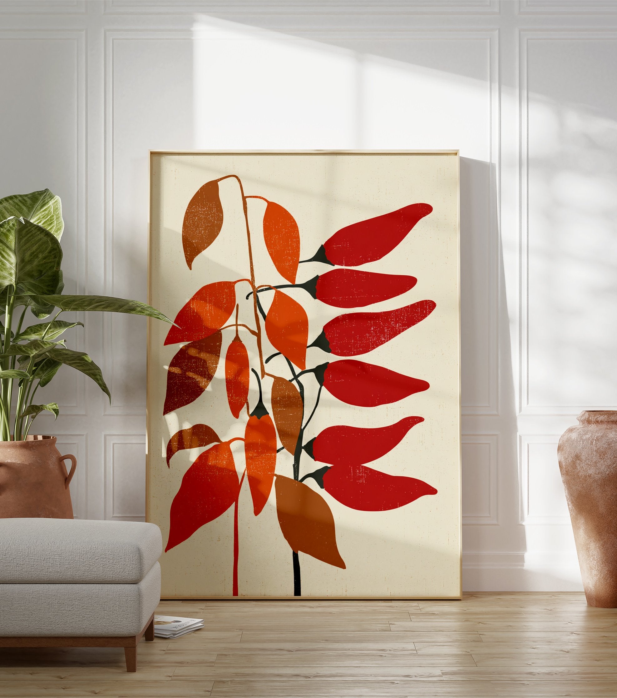 Red chili pepper plant botanical illustration poster with orange and brown leaves on a cream background. - Image 3
