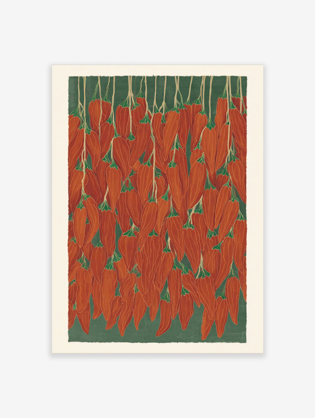 Illustrative print of many red chili peppers with green stems hanging against a dark green background