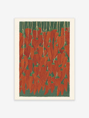 Illustrative print of many red chili peppers with green stems hanging against a dark green background