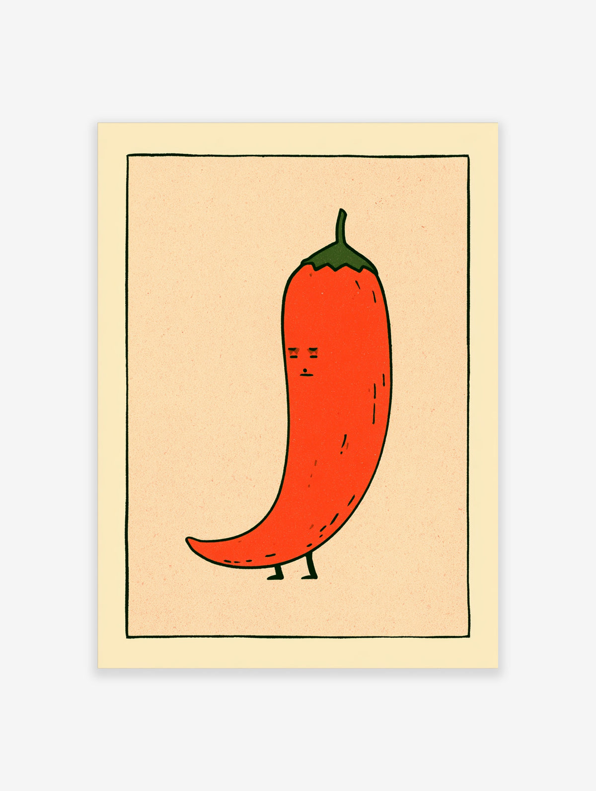 Red chilli pepper character with green stalk and simple face on beige background art print