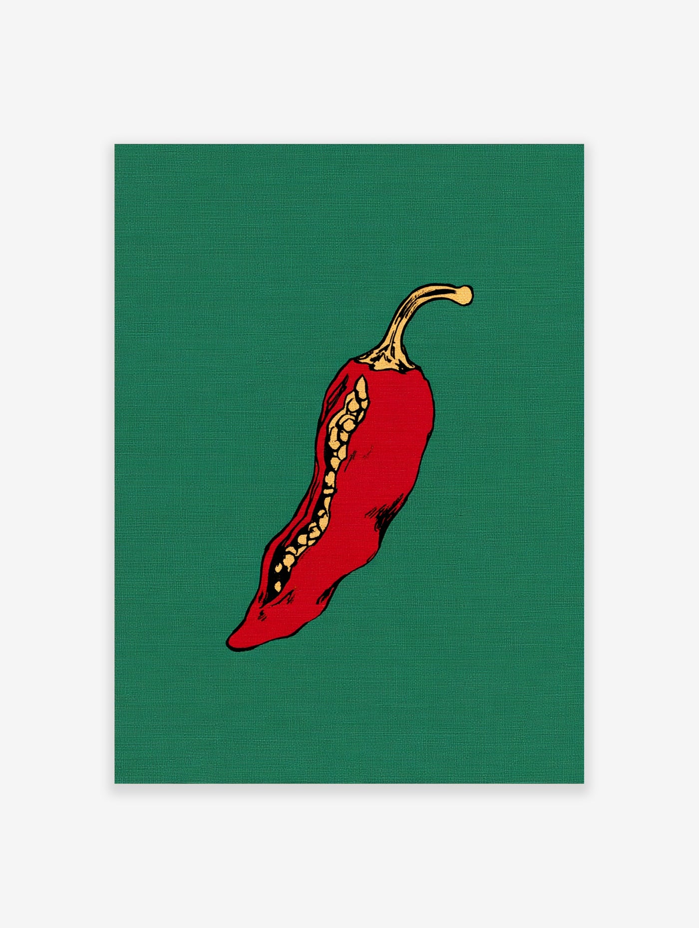 Red chilli pepper illustration with exposed seeds and green textured background